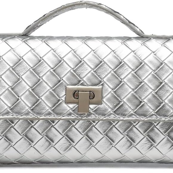 Elegant Silver Woven Clutch Purse with Detachable Chain for Formal Events - Picture 1 of 7